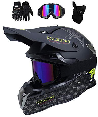 MRDEAR Motocross Helm mit Brille (4 Stück/ Rockstar) Downhill Helm Motorrad Crosshelm Herren Damen Cross Fullface MTB Helm Mopedhelm Motorradhelm für Sicherheit Schutz, 3 Arten,A,M