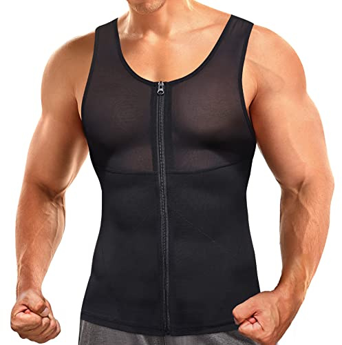 Bafully Compression Vest Tops for Men, Slimming Body Shaper Undershirt with Zipper to Hide Gynecomastia Moobs (Black, M)