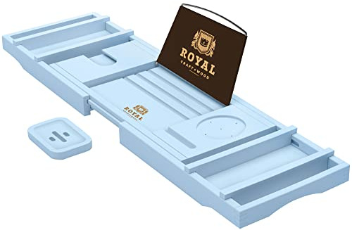 ROYAL CRAFT WOOD Luxury Bathtub Caddy Tray, One or Two Person Bath and Bed Tray, Bonus Free Soap Holder (Blue)