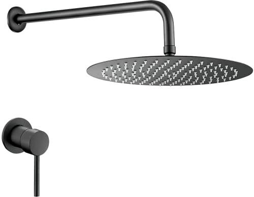 VALAZ Ducha Empotrada Negro Mate | Ducha Monomando 1 Vía, Rociador Efecto Lluvia | Instalación en Pared Fácil y Rápida | Inoxidable, Elegante, Redonda, Rociador 20 cm, Serie Guadiana