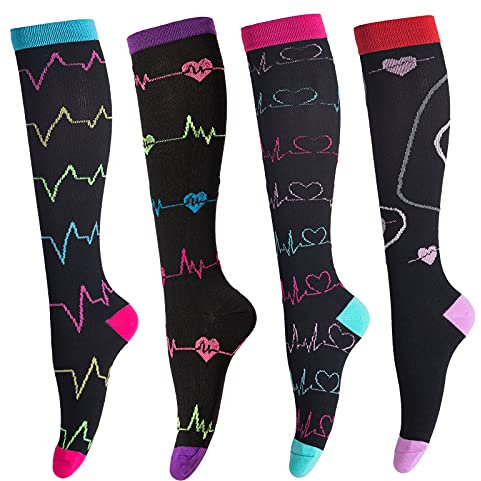 4 Paar Kompressionsstrümpfe für Damen und Herren Bunte Kompressionssocken mit 15-25 mmHg Stützstrümpfe für Sport Medizin Laufen Reisen Flug Schwangerschaft Krankenschwester, Polyline/Schwarz, S-M