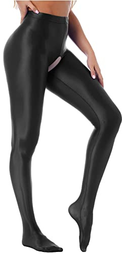 Alvivi Collant Brillant Huile Femme Collant Ouvert Entrejambe Legging Tenue De Danse Ballet Lingerie Pantyhose M-XL Noir XXL