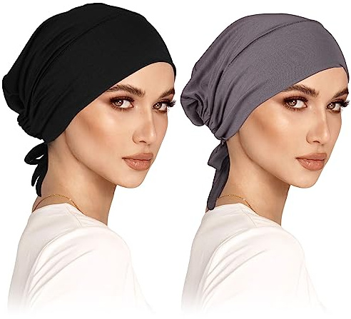 Pack de 2 turbantes para mujer y mujer, gorro de hijab clásico, gorro islámico musulmán con lazo en la parte trasera de color sólido, gorro de quimio, pañuelo para dormir, Negro+gris oscuro, 30-32