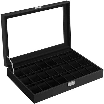 SONGMICS Watch Box, Lockable Watch Case, Watch Storage Box with 24 Slots, Glass Lid, Gift for Loved Ones, Ink Black Synthetic Leather, Ink Black Lining JWB024B02
