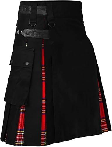 NORTH EDGE Men Hybrid Utility Kilts Traditional Highland Scottish Modern Hybrid Kilts - Men Scottish Black Cotton Kilt Adjustable Straps Skirts (Royal Stewart, 40W)