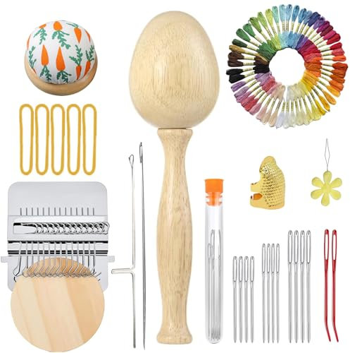 Stopfei, Mini-Stopfstuhl, Stopfeier-Webwerkzeug-Set mit kleinem Webstuhl-Set mit 14 großen Öhrennadeln, 50 Farben, Stopfgarn für Heimwerker, Handwerk, Heimnähpflege