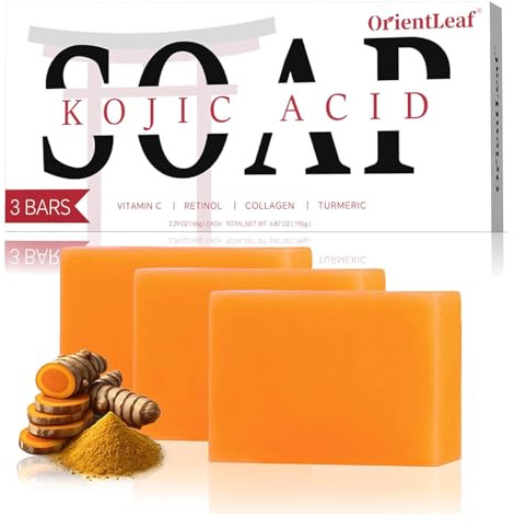 ORIENTLEAF Kojic Acid Soap, Turmeric Soap Bar for Dark Spots, Fresh Citrus Scent, Gentle for Face and Body with Vitamin C, Shea Butter, Retinol, Olive Oil, Collagen (3 PACK)