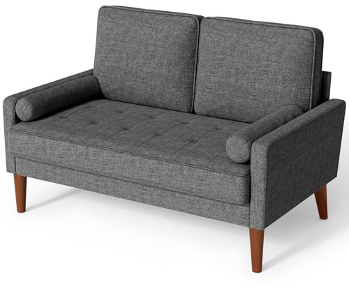 Meskanu Sofa 2 Sitzer, Modernes 2er Sofa mit 2 Wurfkissen, Kleine Stoffcouch mit Armlehne, Mini Sofa für Wohnzimmer/Wohnung/Büro, Einfache Montage, Dunkelgrau, 121 x 77 x 87CM