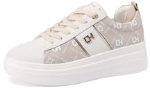 QUEEN HELENA Zapatillas de cuero genuino zapatillas de deporte plataforma ligeras mujer QH9006, blanco y dorado., 39 EU
