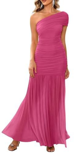 LAGSHIAN Women's Elegant Formal Long Dress One Shoulder Sleeveless Ruched Bodycon Evening Dress Rose