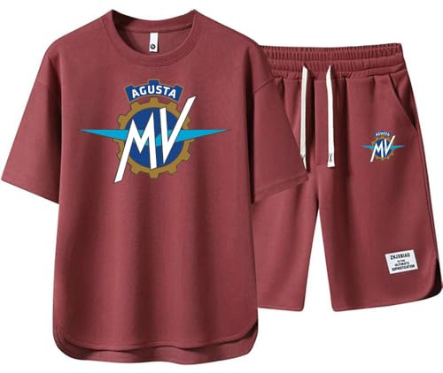SIDHU Tuta da Uomo in 2 Pezzi, Pantaloncini A Maniche Corte, Maglietta Estiva in Cotone con Stampa MV Agusta, Completo Casual per Tempo Libero, Maglietta Girocollo Completo da Jogging,Red-L