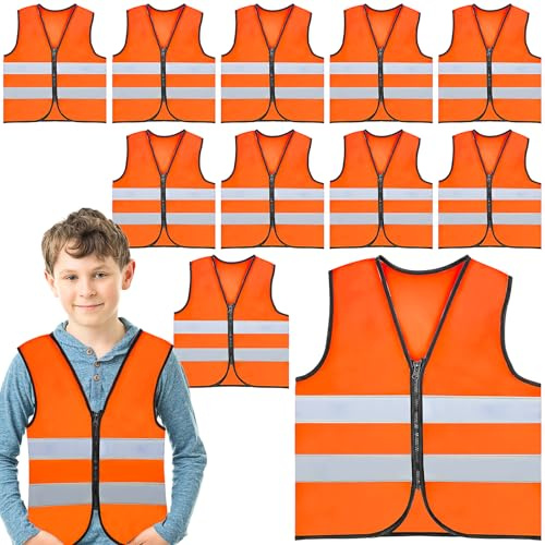 10 Pcs Kids High Vis Vest, Children’s Safety Vests Bulk with Reflective Strips, Orange High Visibility Jackets with Zipper for Aged 3-10 Toddler Boys Girls Cycling Running Preschool