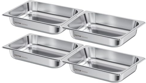 VEVOR Recipiente Gastronorm Reutilizable 1/2 Tamaño, Bandeja de Empanado de Acero Inoxidable, Contenedor de Alimentos para Fiestas, Catering, Restaurantes y Bufés, 325 x 265 x 64 mm, 4 uds, 3,8 L