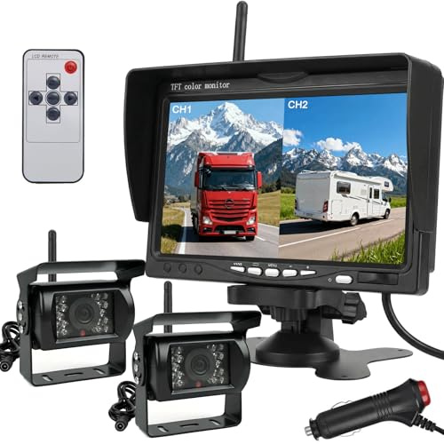 1080P digitalt trådlöst backkamerasystem, 7-tums delad skärm med 2x IR-mörkerseende vattentät backkamera för lastbil/släpvagn/husbil/skåpbil/husbil 12V-36V
