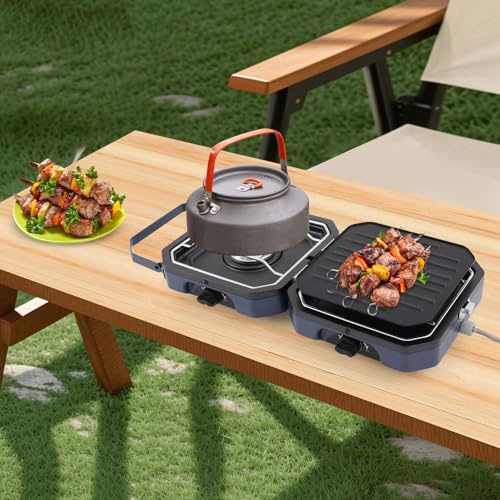 Mqwdxzfes Fällbar 2 brännare campingspis, bärbar dubbelbrännare gas gasspis med grillpanna, kompakt 2-i-1 spis bordspis grillkök för utomhus camping, picknick, grillning, 2,3 + 2,3 kW