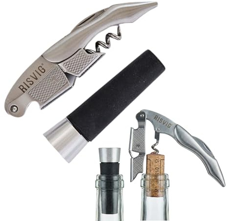 RISVIG Acutus Wine Set - Professional Waiter's Knife Corkscrew & Vacuum Wine Stopper - High Quality Stainless Steel Bar Set for Perfect Wine Enjoyment