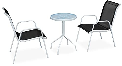 GeenYuu Ensemble de Bistro 3 pièces en Acier Noir avec Table Verre trempé 50x71 cm et chaises empilables pour terrasse Jardin Balcon Patio Repas détente