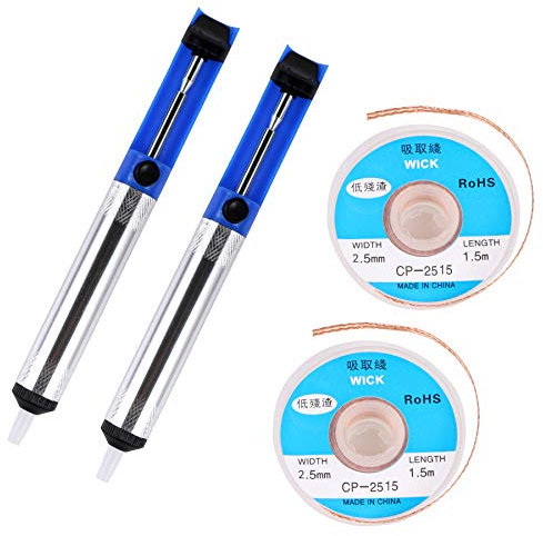EVERMARKET(TM) Desoldering Wick, solder braid with 2.5mm Width, 1.5m Length and Solder Sucker Desoldering Vacuum Pump Solder Removal Tool,Blue - 2 Packs