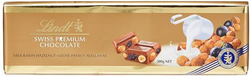 Lindt Tableta de Chocolate con Leche, con Avellanas y Pasas, 300g