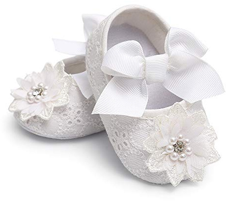 Ohwawadi Infant Baby Girl Shoes, Baby Girl Christening Baptism Shoes Bowknot Flowers Baby Mary Jane Flats Princess Dress Shoes