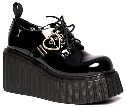 Lamoda Stick to It Chunky Platform Creeper Shoes - Black Patent Gothic Alternative Festival Footwear, All-Day Comfort, Thick Sole Comfort Ankle Creepers for Women UK3