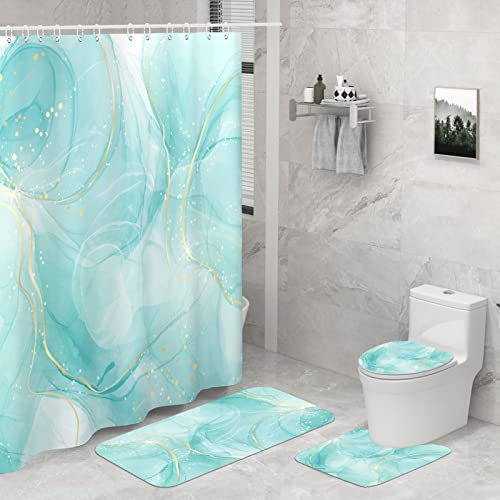 Seorsok Duschvorhang-Sets, 4-teiliges Vorhang- und Badezimmerdekor mit Teppichen, WC-Deckelbezug, Badematte, 12 Haken, goldgrüner Marmor, Polyester, wasserdicht, für alle Jahreszeiten, Standardstange