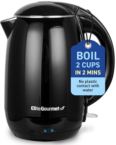 Elite Gourmet EKT1821 1.8L Double Wall Insulated, Cool-Touch 1500W Kettle w/Stainless Steel Interior & Lid, 360° Swivel Base for Cord Free Serving, Power On Lever, Auto Shut-Off, Boil Dry, Black