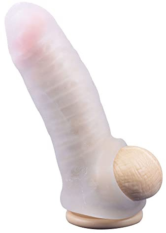 Honeypleasures Silicone Condom Reusable Realistic Penis Sleeve Extender w/Ball Loop Enlarger Clear/White