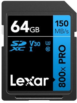 Lexar 800x Pro 64GB Tarjeta SD, Tarjeta SDXC UHS-I, Tarjeta SD 3.0 de hasta 150 MB/s de Lectura, Tarjeta de Memoria SD V30, U3, C10 para cámara/videocámara DSLR/HD de Rango Medio (LSD0800P064G-BNNAA)