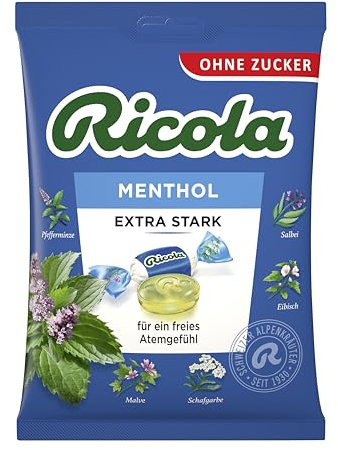 Ricola EXTRA STARK Menthol, 75g Beutel Original Schweizer Kräuter-Bonbons mit 13 Alpenkräutern & natürlichem Menthol, zuckerfrei, 1 x 75g, vegan