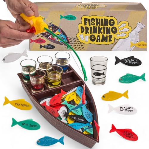 MIJOMA Jeu à boire en forme de poisson – Jeu de pêche amusant avec bateau, 6 verres à liqueur, canne à pêche, 24 poissons colorés pour le Nouvel An et les fêtes d'anniversaire – Le jeu ultime pour