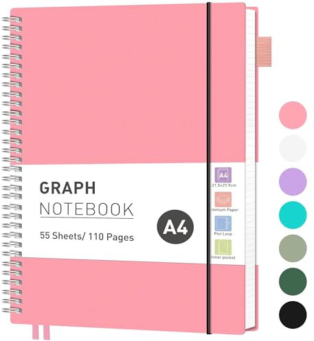 RETTACY Notizbuch A4 Kariert, Collegeblock mit 55 Blatt / 110 Seiten, PVC Softcover Spiralbuch mit 100 g/m² Papier, Geeignet für Lernen, College, Konferenzen, Tagebuchführen, 21.5 x 27.9cm - Rosa