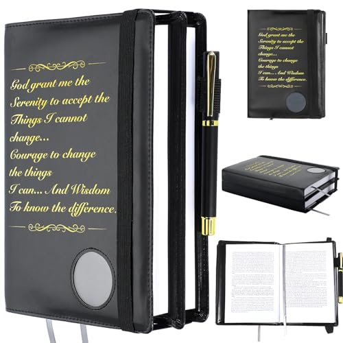 Motipuns Double Alcoholics Anonymous AA Big Book Cover for 12 Steps & 12 Traditions Double AA Book Cover with Medallion Holder Pen Clip Alcoholics Anonymous Gifts for Serenity Prayer(Black)