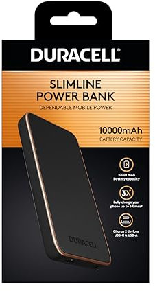 Duracell Power Bank 10,000mAh, Fast Charging Portable Charger with USB-C + USB-A | Slim External Battery Pack Compatible with iPhone, Android and More.