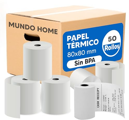 Mundo Home 50X Papel Térmico 80x80mm 60 GSM sin BPA - Papel Datáfono Impresión Rápida y Nítida para Cajas Registradoras y Tickets - Ideal para Impresoras Térmicas y Datáfonos, sin BPA