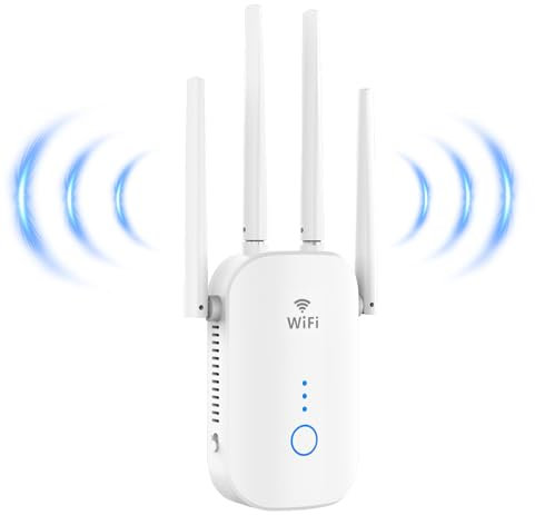 Repetidor WiFi, Amplificador Señal WiFi Doble Banda 5G y 2.4GHz 1200Mbps Extensor con Puerto Ethernet, 4 Antenas, WPS Botón, Apoyo Repetidor/Router/Ap Modos para el Hogar y la Oficina, Enchufe-EU