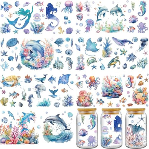 INCOK Rub on Transfers for Crafts - 8 Sheets Marine Animals UV DTF Transfers Stickers for 16 oz Glass Seahorse Whale Mermaid Patterns Rub on Decal Crafts for Coffee Mug, DIY Creative Gifts