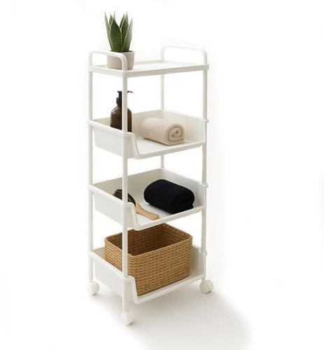 ABBAware Ablagefachwagen mit 4 Ablagen - Regal mit Rollen - 40 x 32 x 100 cm Kunststoff weiß - kompakter Servierwagen & Küchenwagen - Aufbewahrungswagen für Küche, Bad, Wohnzimmer, Büro