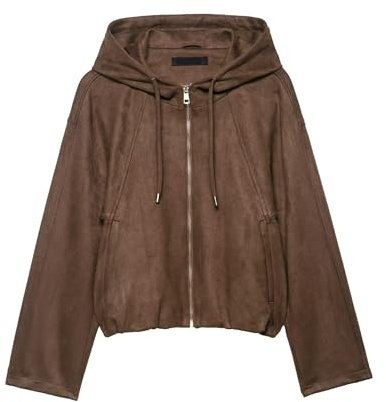 Xunger Women's Faux Suede Drawstring Hooded Jacket Bomber Casual Solid Color Zipper Outerwear with Pockets(1111-Coffee-S-RD)