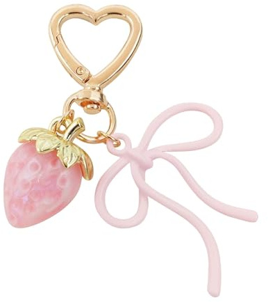 Yelvornic Strawberry Keychain, Kawaii Bow Heart Key Ring, Cute Pink Accessories for Handbags Bag Purse Wallet Cellphone Car