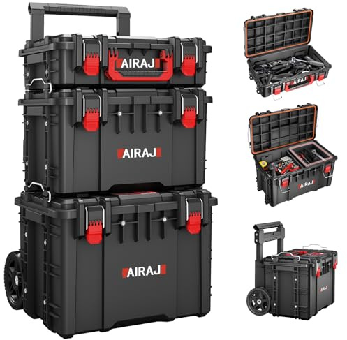 AIRAJ Tool Box on Wheels Heavy Duty, Waterproof Tool Box,Modular Tool Storage System,7.5-Inch All-Terrain Casters,Telescopic Pull Rod Handle,3 Tier Stackable Rolling Tool Boxes for Hand/Power Tools
