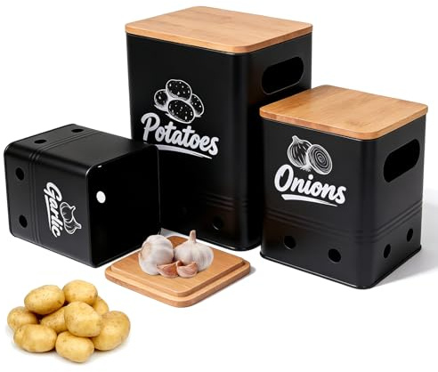 CheurYae Paquete de 3 latas de almacenamiento de verduras, patata, cebolla, ajo, apilables, organizador de metal negro con agujeros de aireación y tapa de madera (negro)