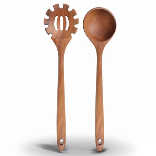 Wooden Pasta Fork and Soup Ladle Set, Heat Resistant Non Stick Kitchen Utensils, Wooden Spoons Cooking Utensils for Cooking, Serving, Draining, Stirring Spaghetti, Soup, Sauce