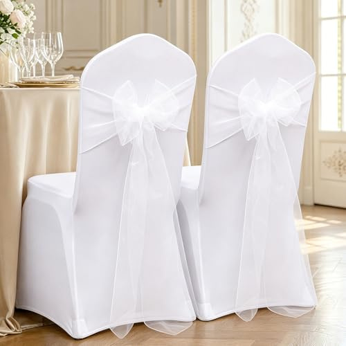 GOMETY 2 Stück Stuhlhussen Weiß, Stuhlhussen Hochzeit Stretch mit 2 Schleifen, Universell Stretch Stuhlüberzug Elegant Abnehmbar, Stuhlbezug für Hochzeit, Bankett, Party, Restaurant