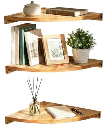 Verbpupl Corner Floating Shelves | 3-Tier Wooden Corner Shelf Display | Display Risers Stands - for Bedroom, Kitchen, Living Room, Kids, Plant, Book, Perfume, Staircase, Closet, Bar