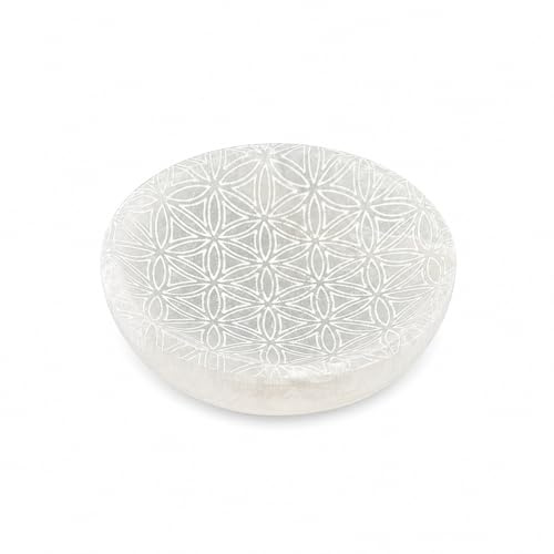AROMASENSES | Cuenco de Selenita Natural Flor de la Vida Grabado Completo | Cuenco para Minerales, Joyas y Cristales | Decoración Espiritual, Reiki y Geometría Sagrada