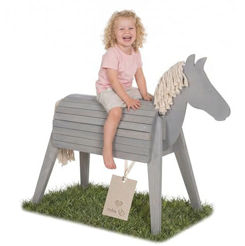 roba Cavallo da esterno in legno massello - In legno resistente alle intemperie e sostenibile per il giardino - Cavallo da volteggio per cavalcare, arrampicarsi e fare ginnastica - Verniciato grigio