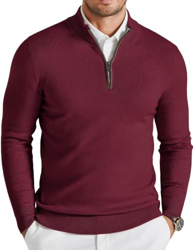 COOFANDY Men's Quarter Zip Knit Jumper Solid Winter Pullover Wine Red M