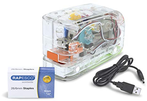 Rapesco 1450 626EL Automatic USB/Battery Stapler with 1000 26/6mm Staples, 15 Sheet Capacity, Transparent
