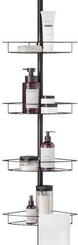 Zenna Home Tension Pole Shower Caddy Corner Organizer, Adjustable Standing Shower Caddy with 4 Baskets and Towel Bar, Rust Resistant Bathroom Tension Rod Organizer, 60 to 97 Inch, Bronze